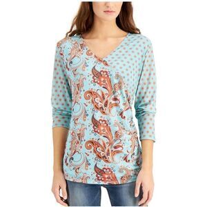 Willow Drive Mesh-Sleeve Wrap Top Aqua Sweater Paisley Geo S